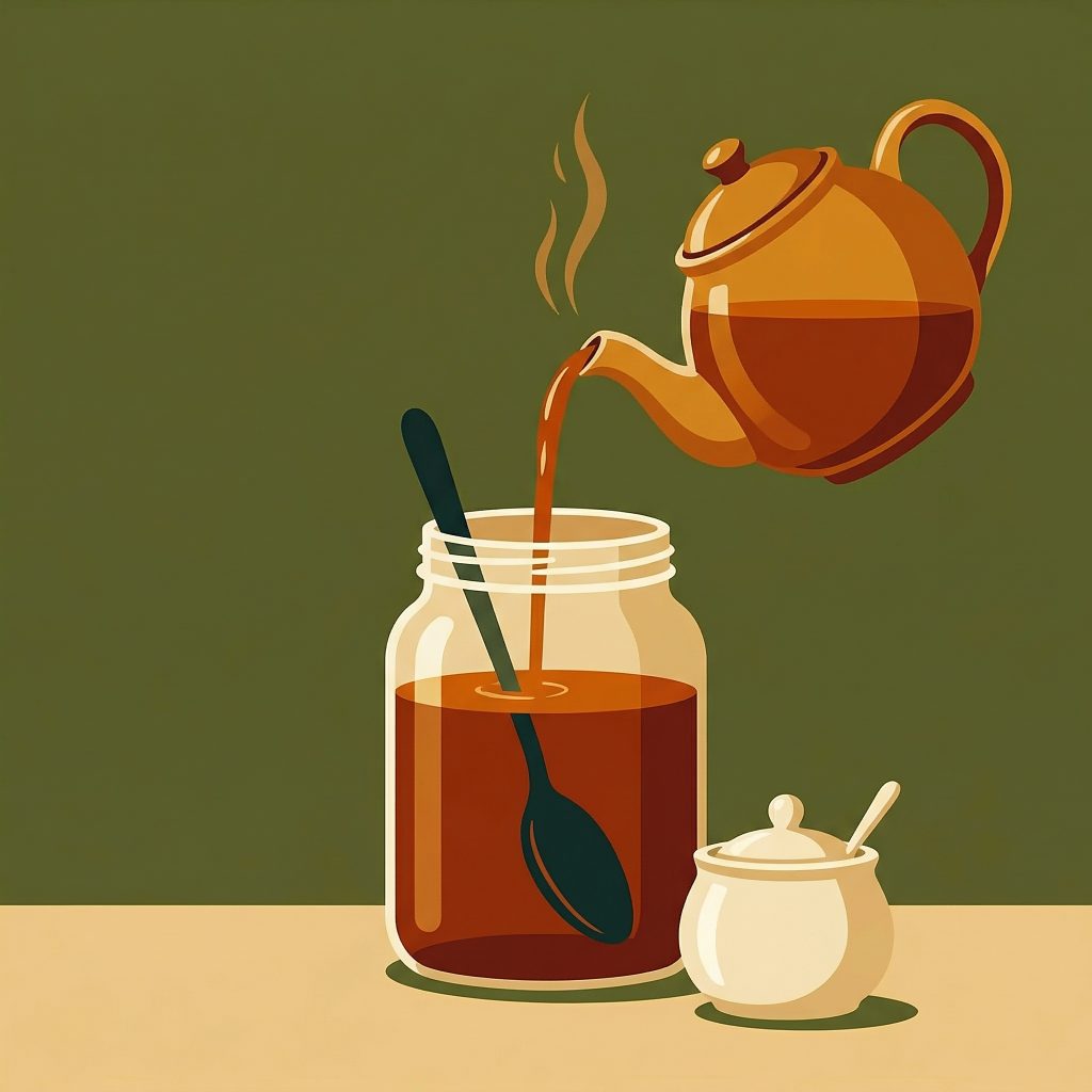 Illustration : verser du thé noir sucré dans un récipient de fermentation - étape 1 de la préparation du kombucha