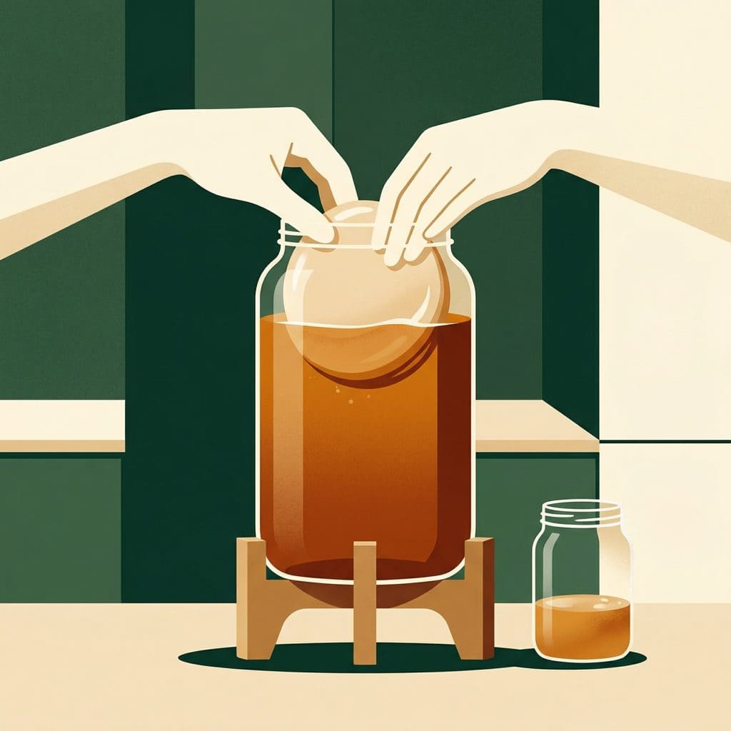 Illustration : ajouter le SCOBY et le liquide de démarrage au thé sucré - étape 2 de la préparation du kombucha