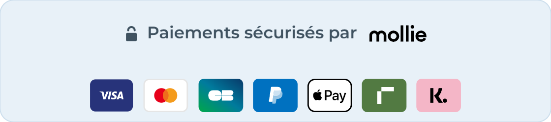 Paiements securises par Mollie : Visa, Mastercard, Cartes Bancaires, PayPal, Apple Pay, Riverty, Klarna